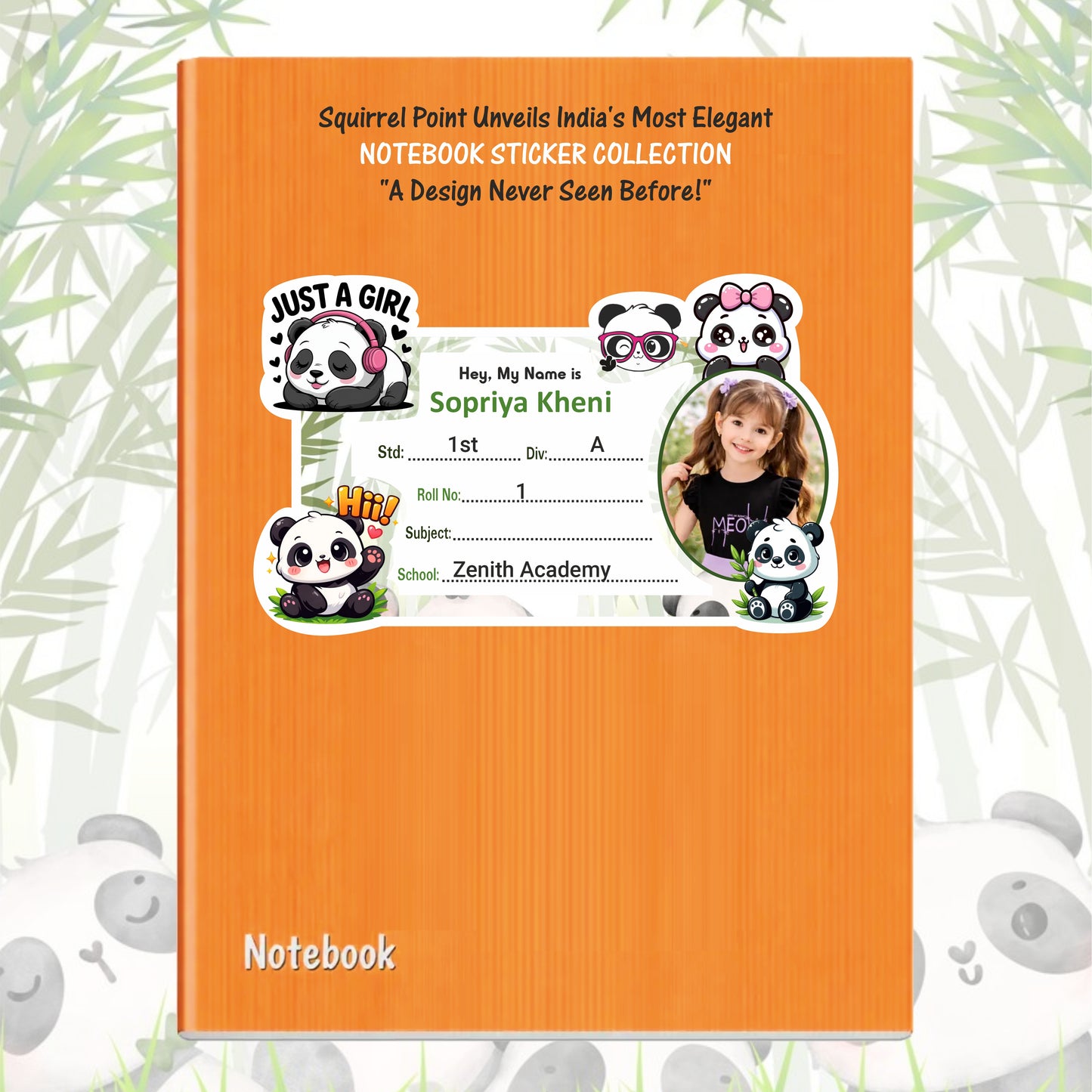 SUPER GIRL PANDA PERSONALIZED NOTEBOOK STICKERS