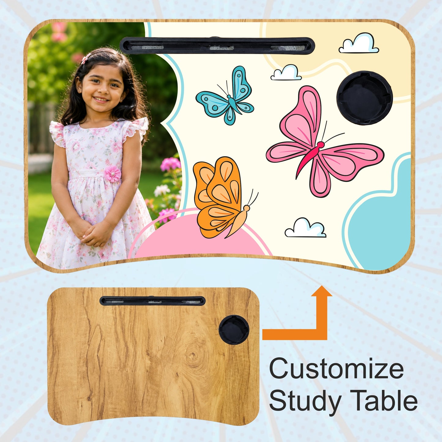 Personalized Kids Study Table Butterfly Theme– Custom Photo Laptop &Homework Desk