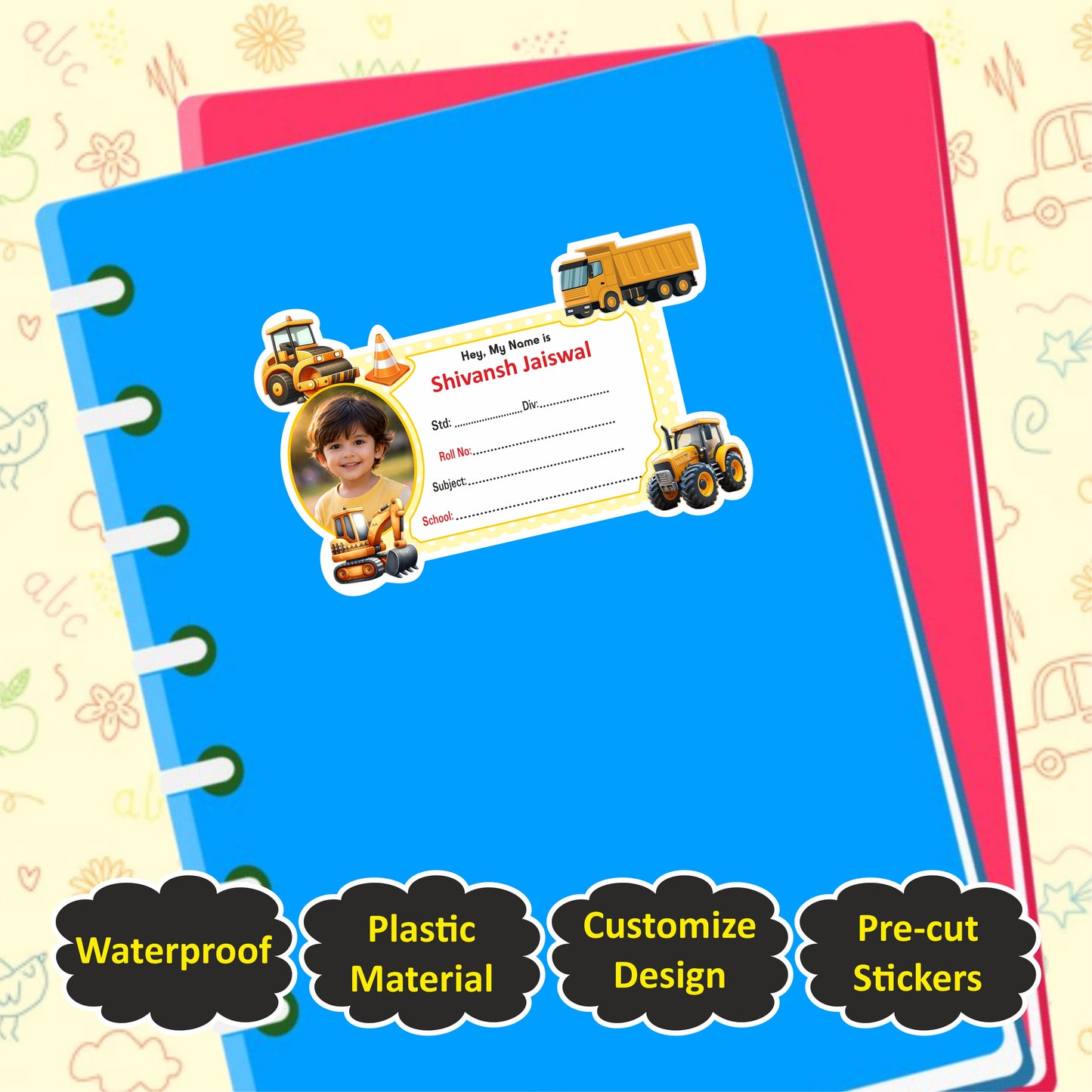 CONSTRUCTION VEHICLE PERSONALIZED NOTEBOOK STICKERS