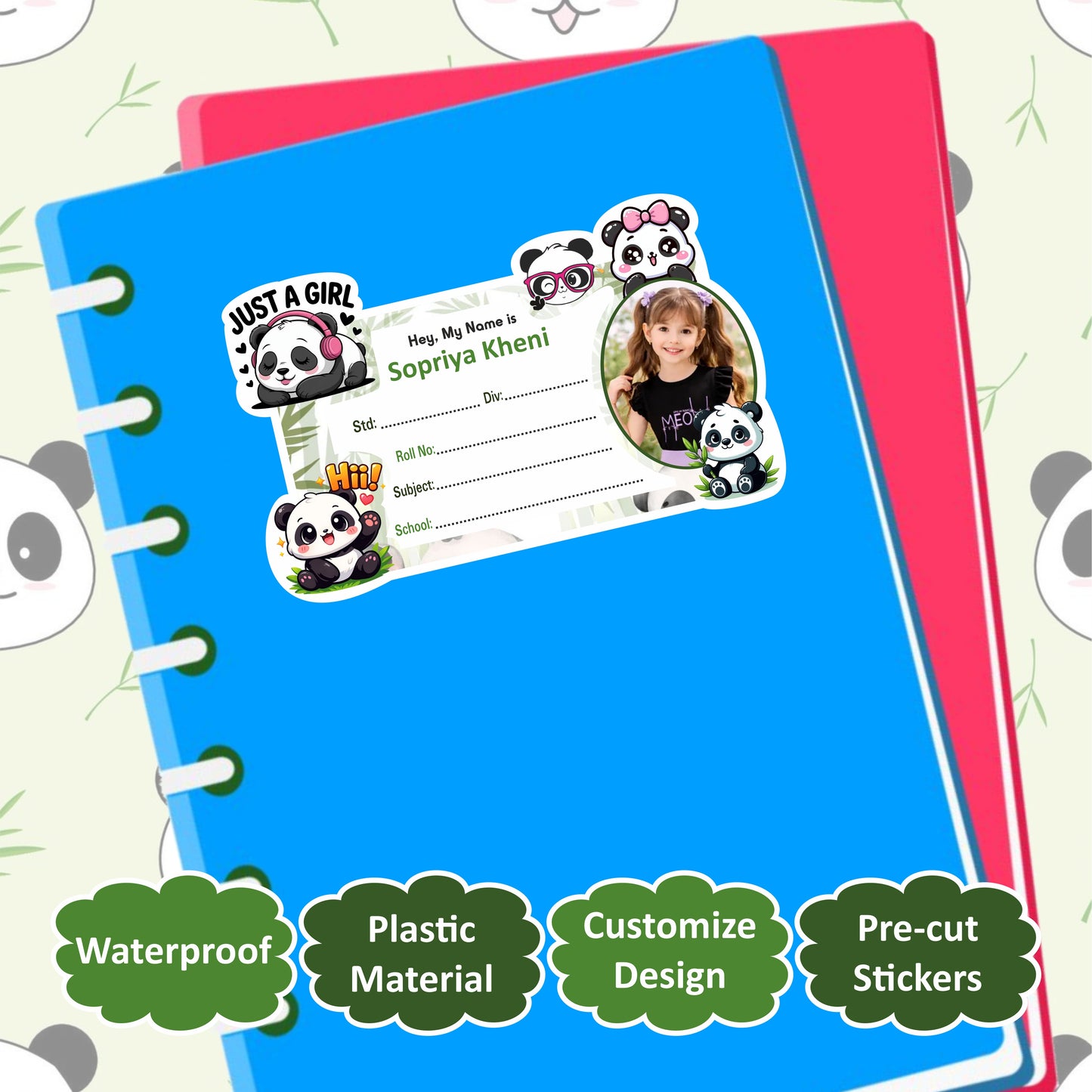 SUPER GIRL PANDA PERSONALIZED NOTEBOOK STICKERS