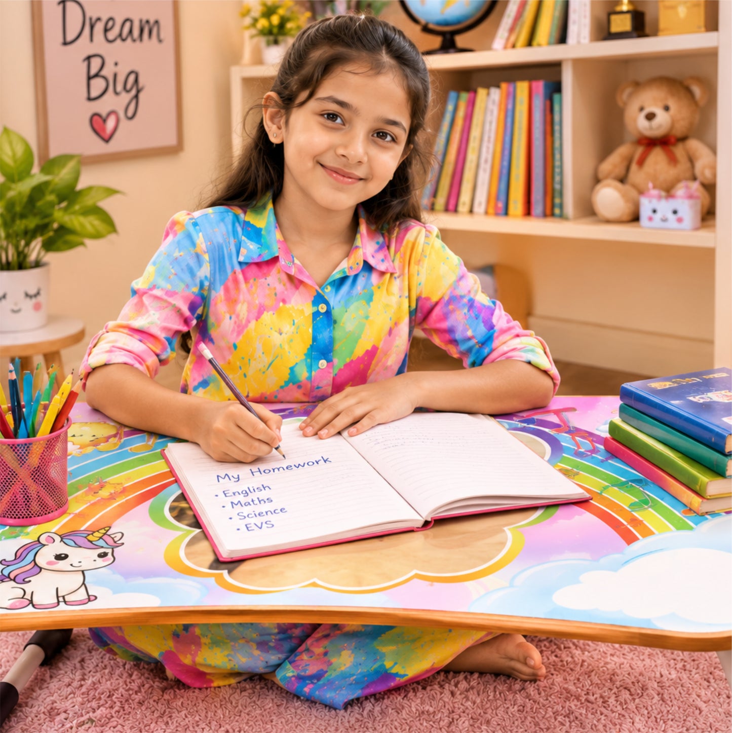 Personalized Kids Study Table Rainbow Theme– Custom Photo Laptop &Homework Desk