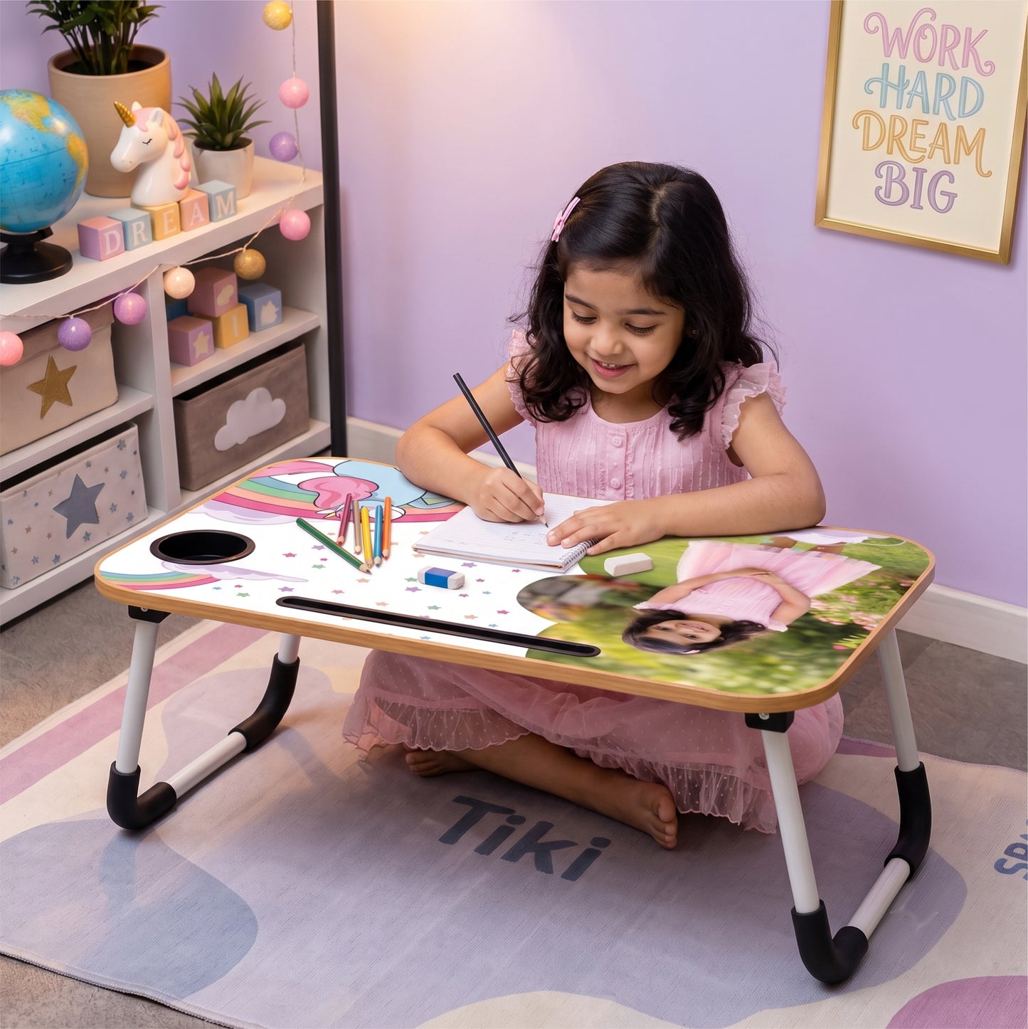 Personalized Kids Study Table Unicorn Dreams Theme– Custom Photo Laptop &Homework Desk