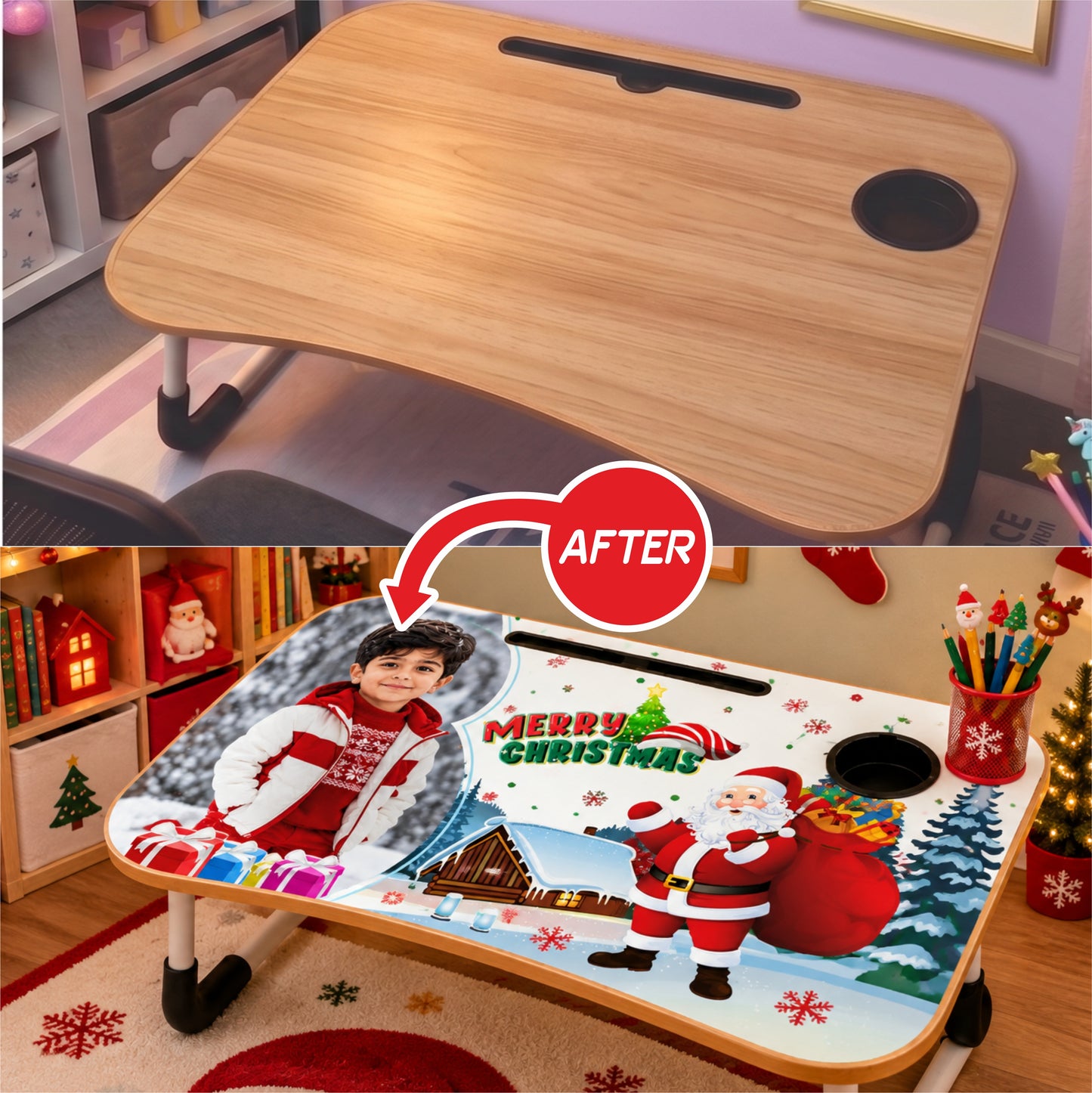 Personalized Kids Study Table Christmas Theme– Custom Photo Laptop &Homework Desk