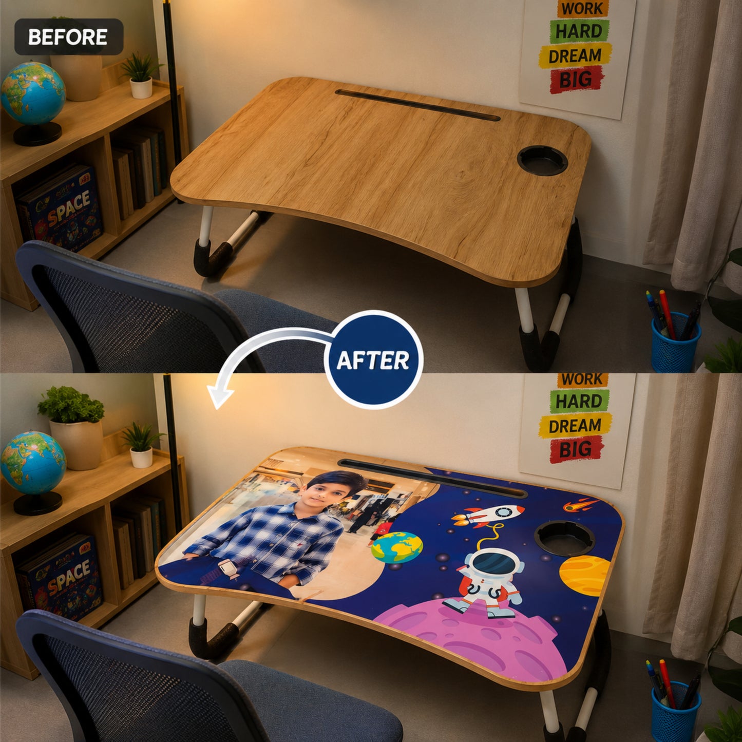 Personalized Kids Study Table Space Theme– Custom Photo Laptop & Homework Desk