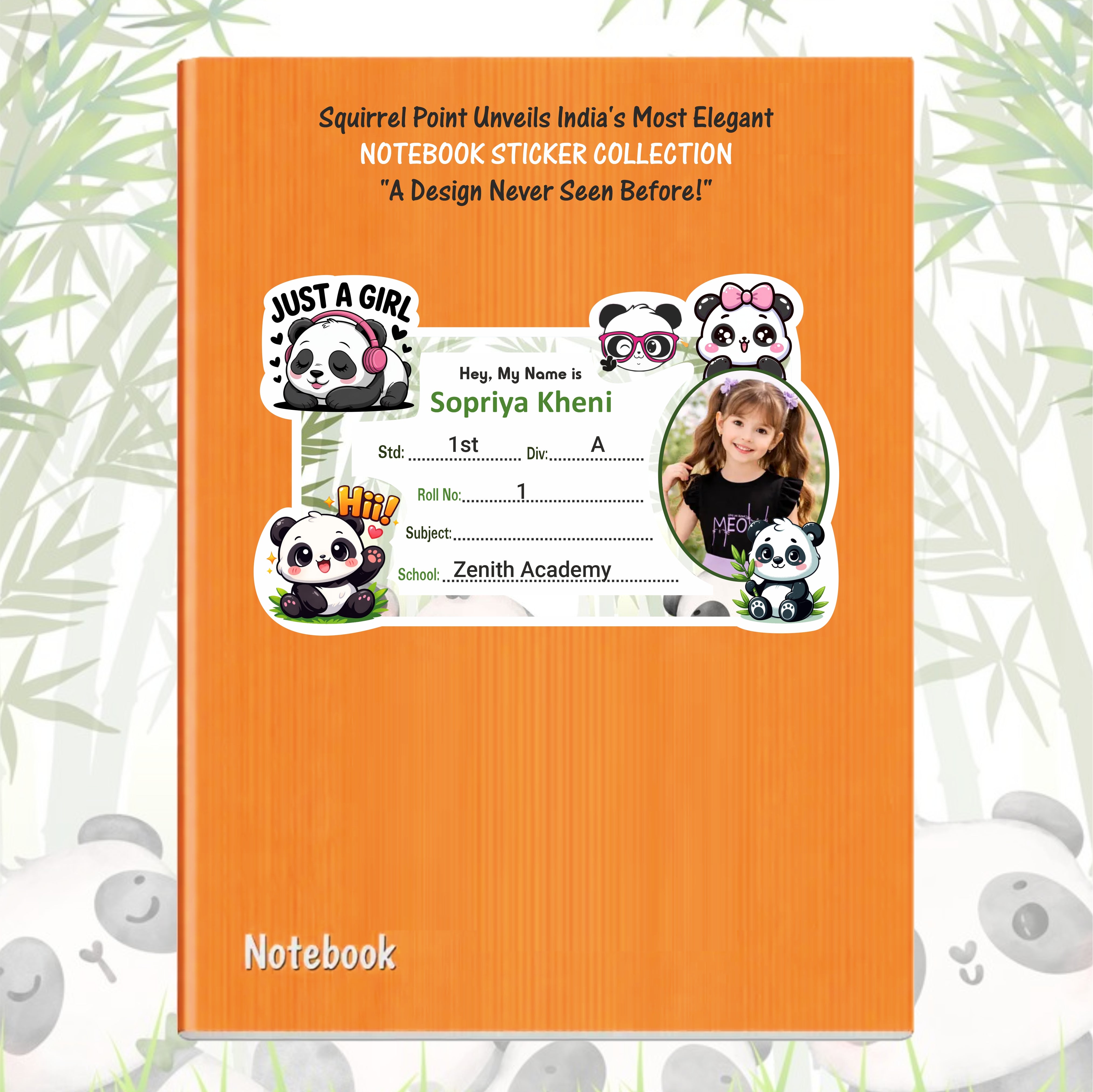 SUPER GIRL PANDA PERSONALIZED NOTEBOOK STICKERS
