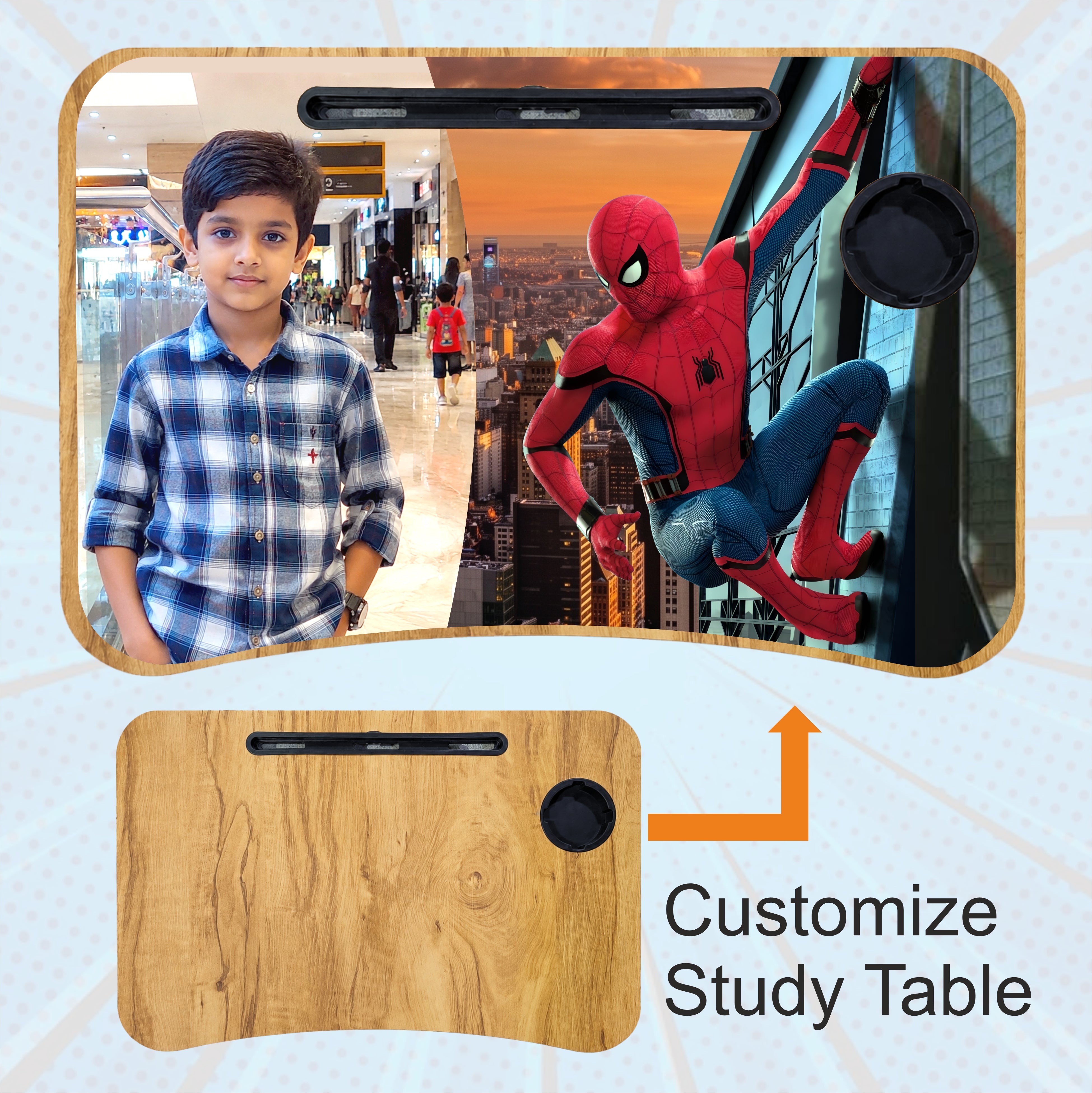 Personalized Kids Study Table Spiderman Theme– Custom Photo Laptop & Homework Desk
