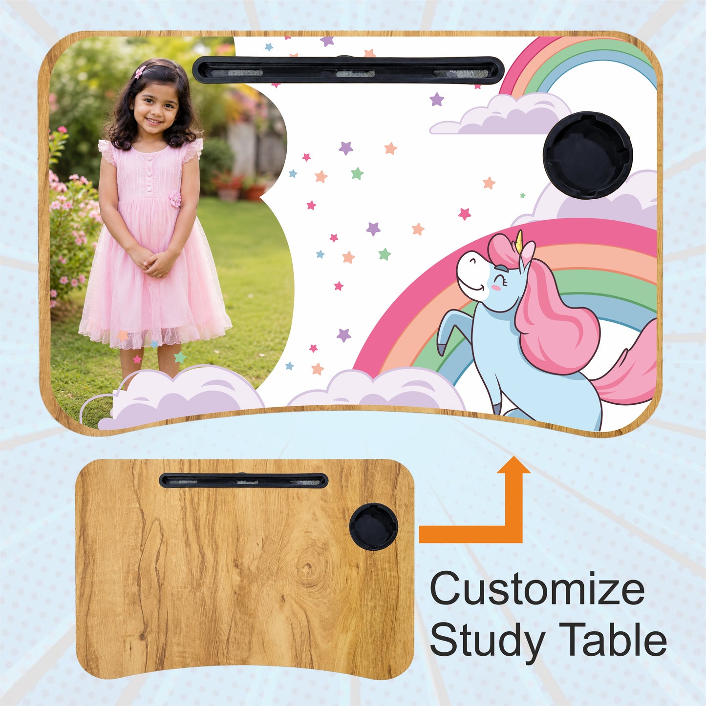 Personalized Kids Study Table Unicorn Dreams Theme– Custom Photo Laptop &Homework Desk