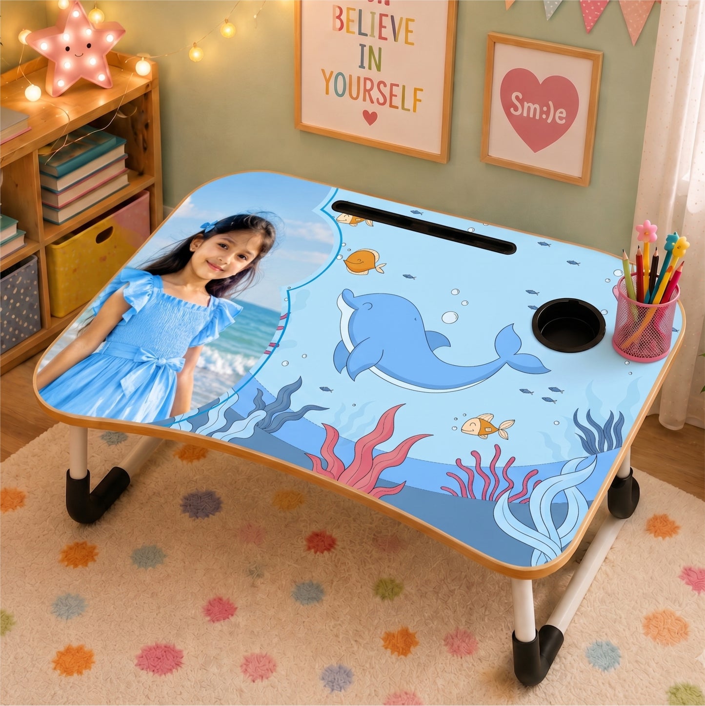 Personalized Kids Study Table Ocean Theme– Custom Photo Laptop &Homework Desk