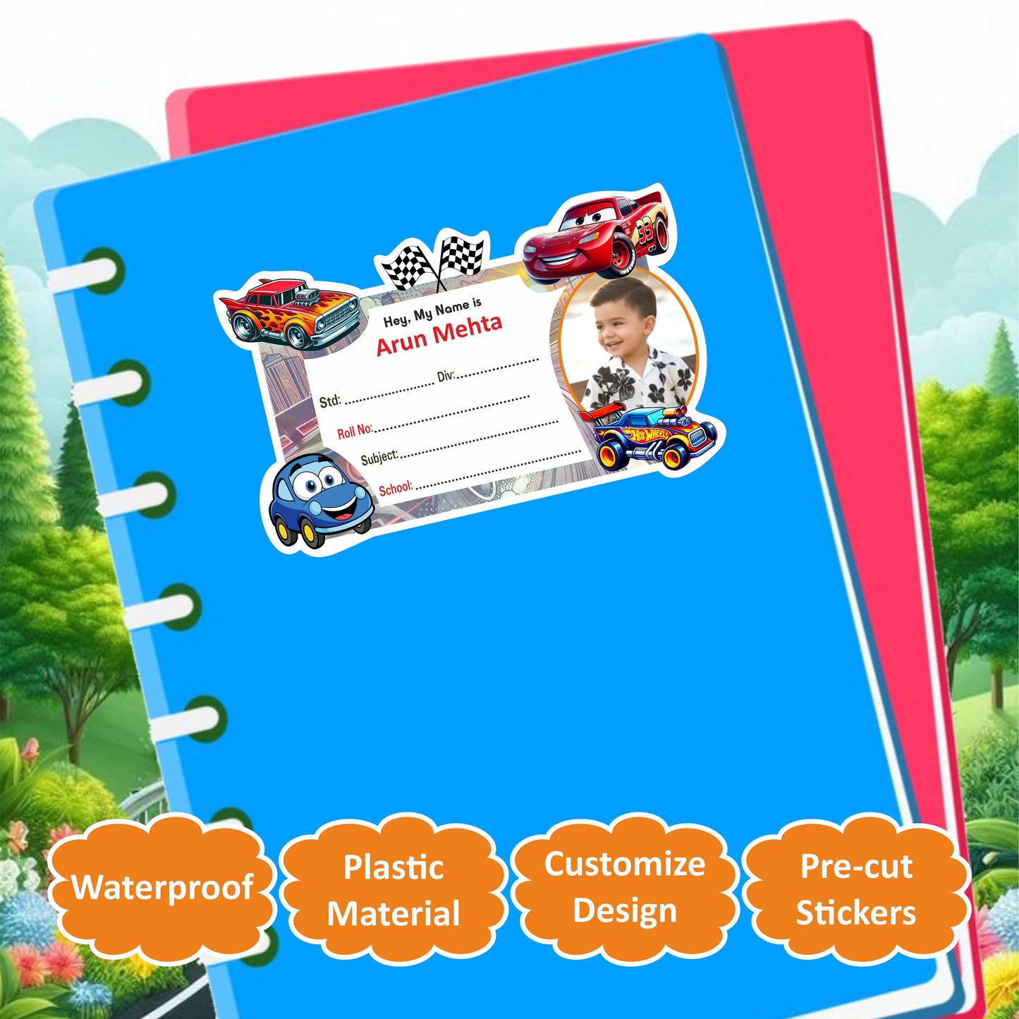 CAR RACER PANDA PERSONALIZED NOTEBOOK STICKERS