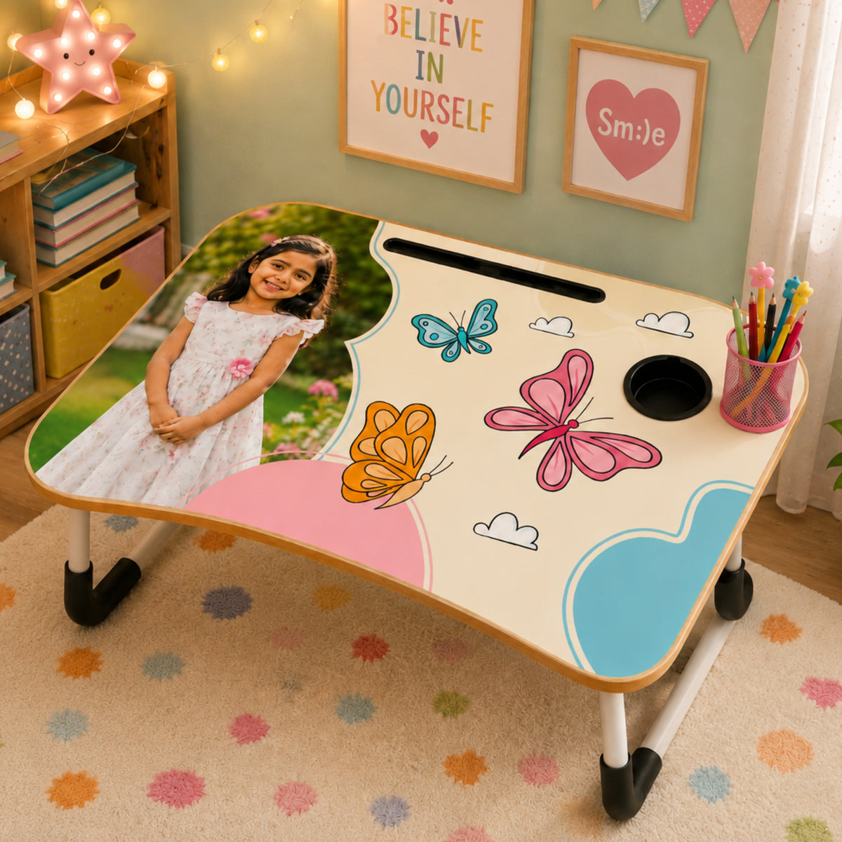 Personalized Kids Study Table Butterfly Theme– Custom Photo Laptop &Homework Desk