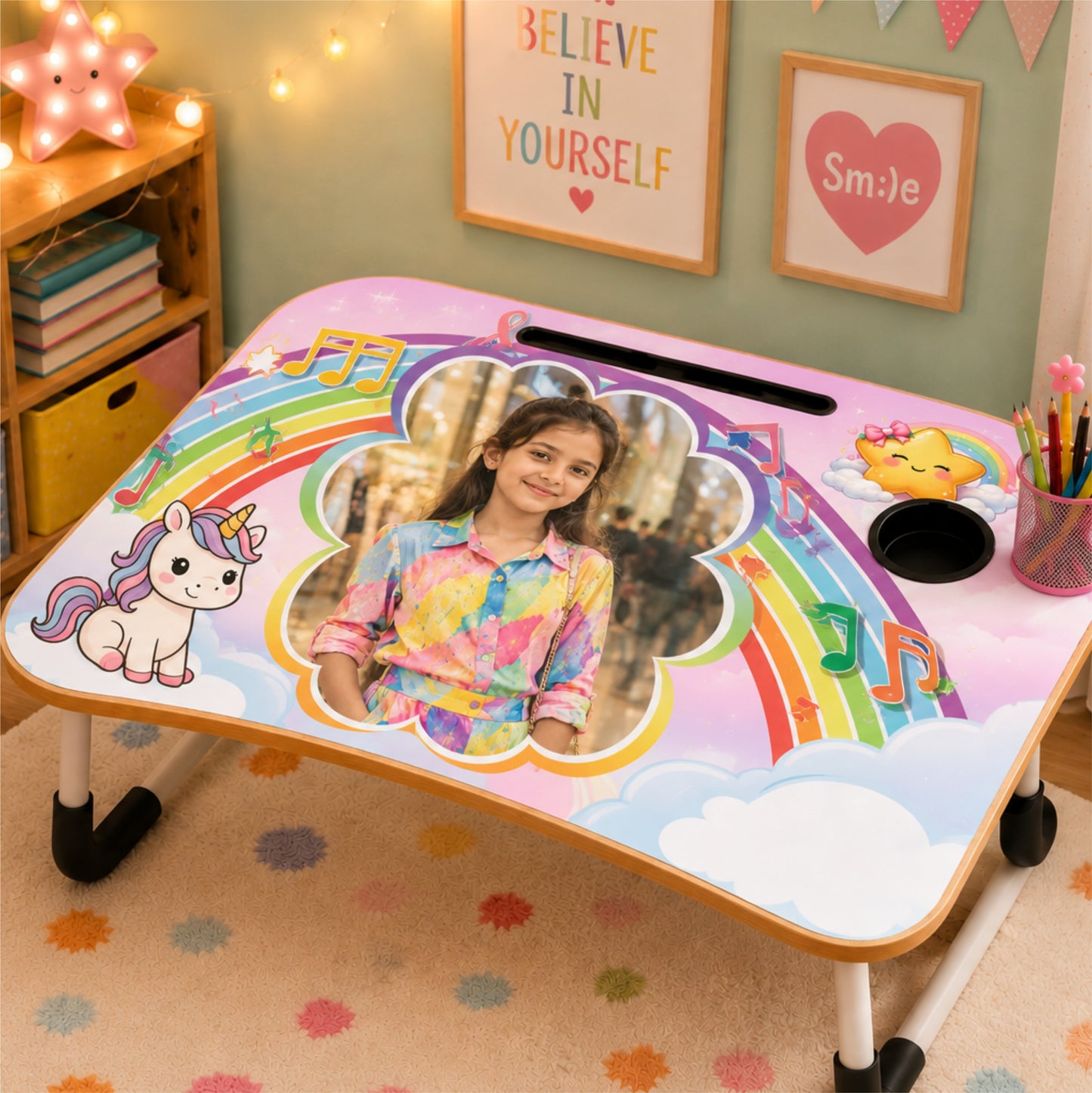 Personalized Kids Study Table Rainbow Theme– Custom Photo Laptop &Homework Desk