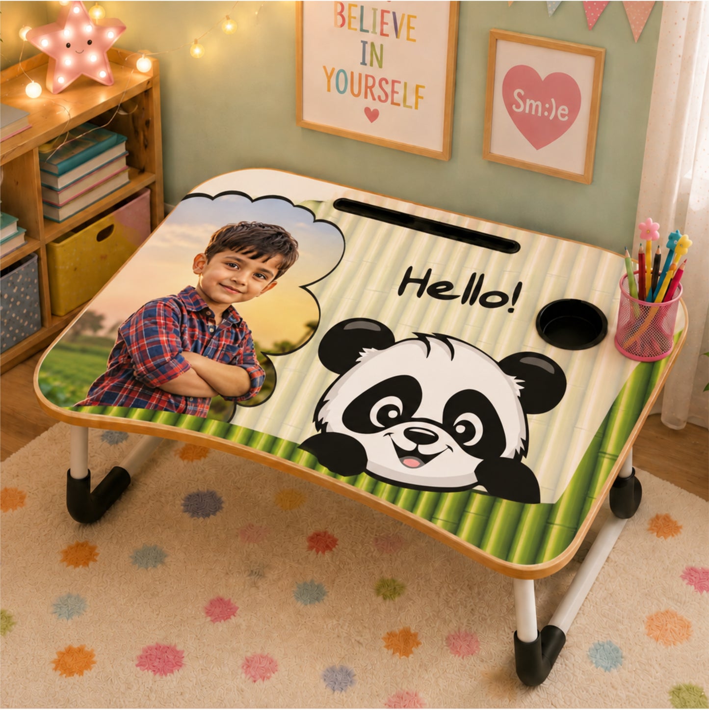 Personalized Kids Study Table Panda Theme– Custom Photo Laptop &Homework Desk