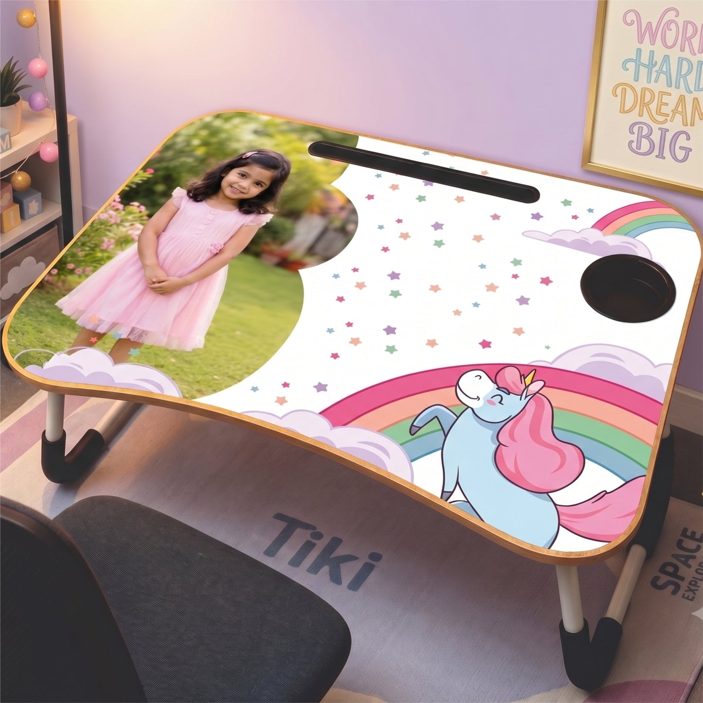 Personalized Kids Study Table Unicorn Dreams Theme– Custom Photo Laptop &Homework Desk
