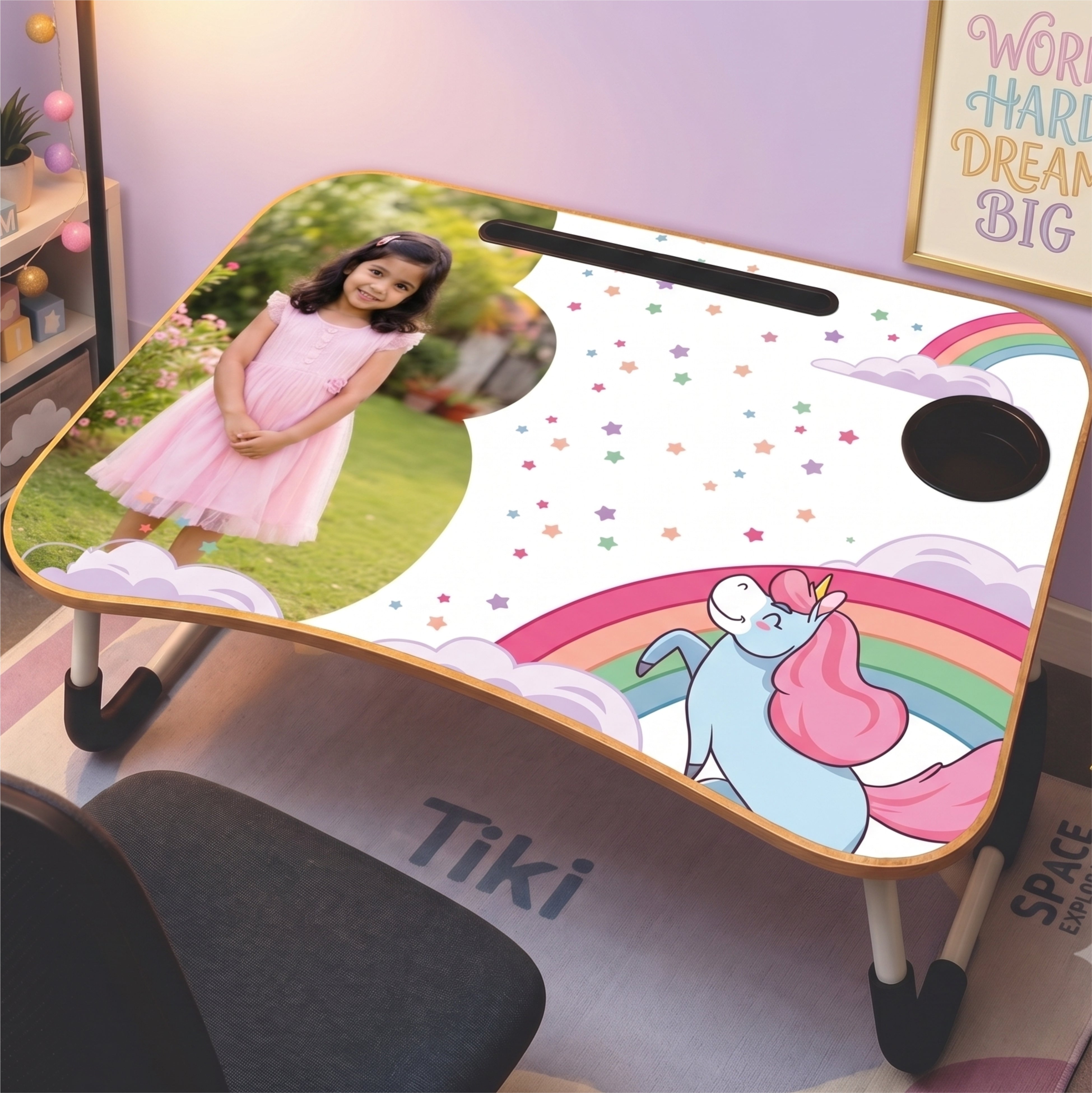 Personalized Kids Study Table Unicorn Dreams Theme– Custom Photo Laptop &Homework Desk