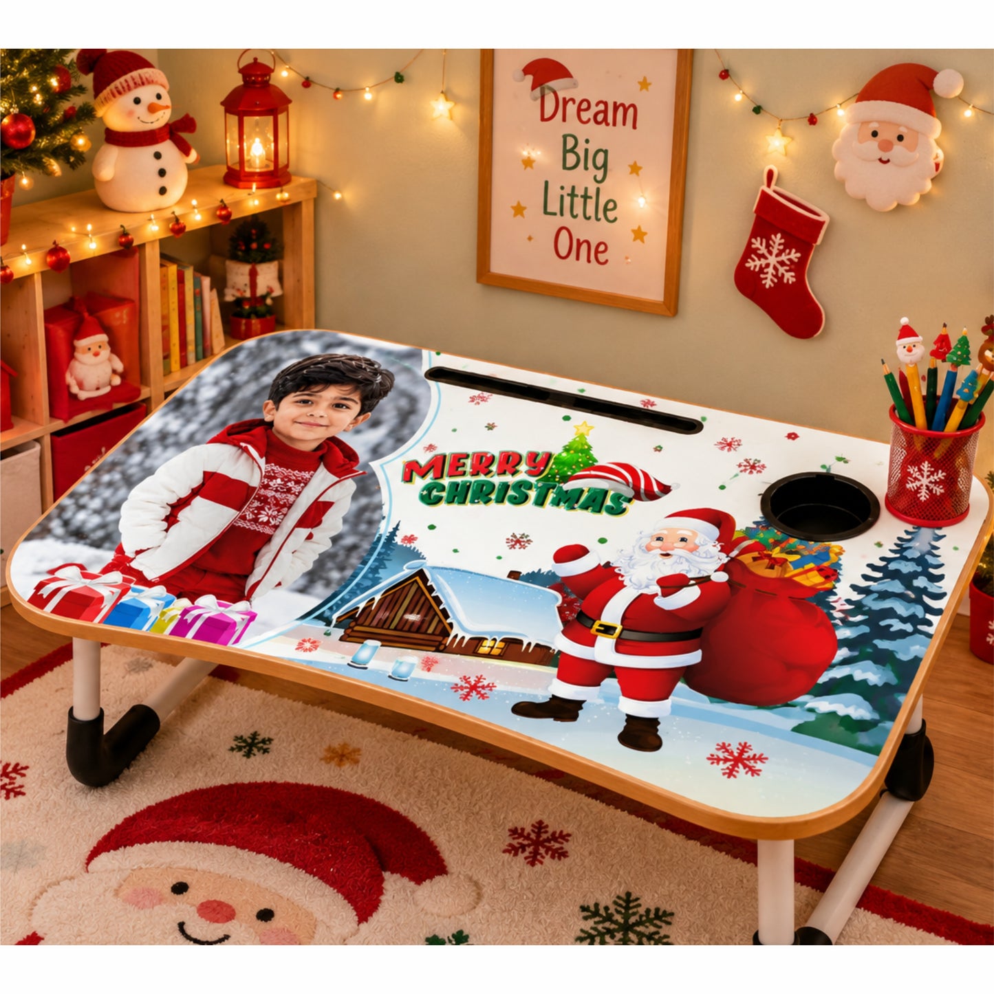 Personalized Kids Study Table Christmas Theme– Custom Photo Laptop &Homework Desk