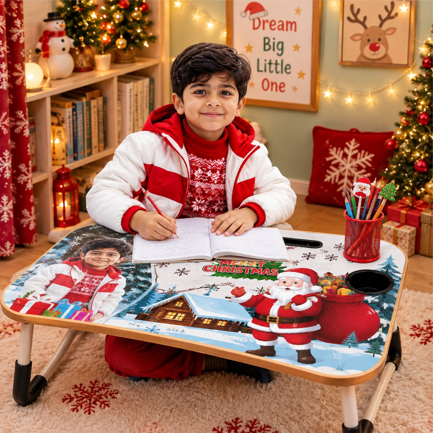 Personalized Kids Study Table Christmas Theme– Custom Photo Laptop &Homework Desk