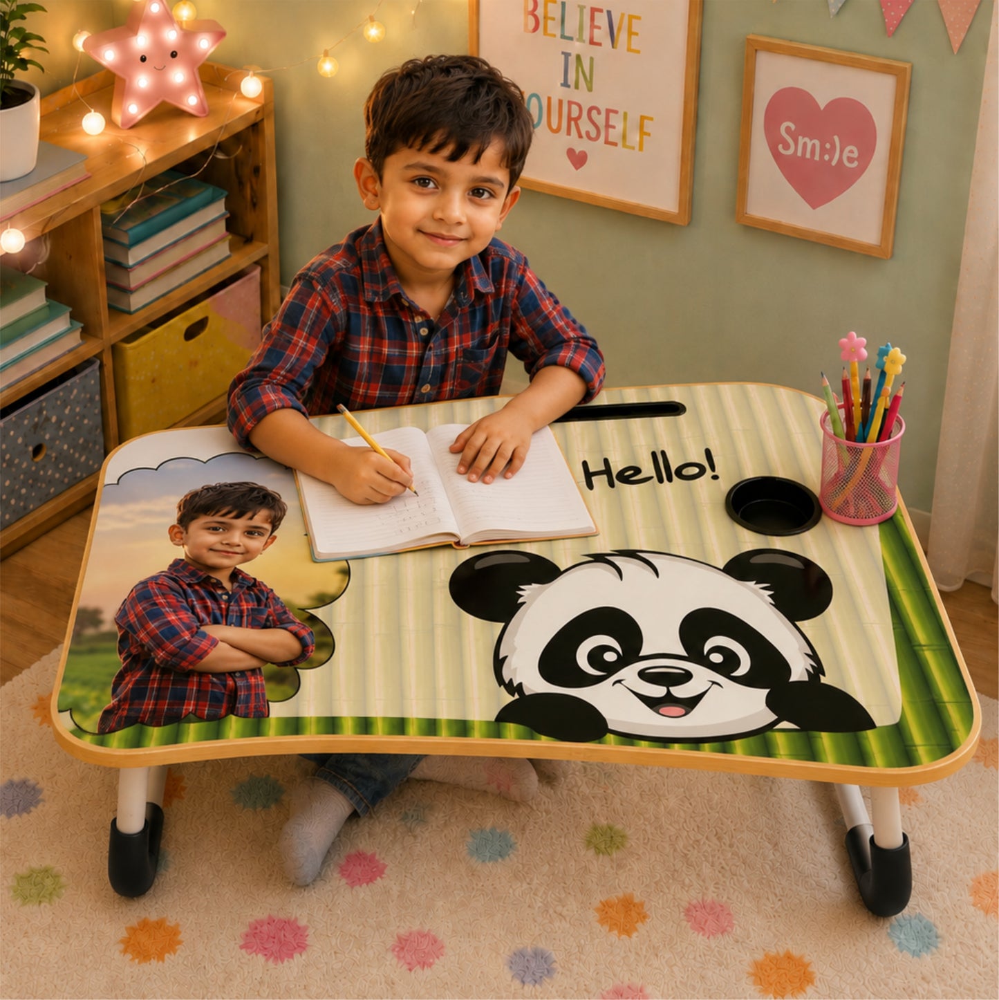 Personalized Kids Study Table Panda Theme– Custom Photo Laptop &Homework Desk