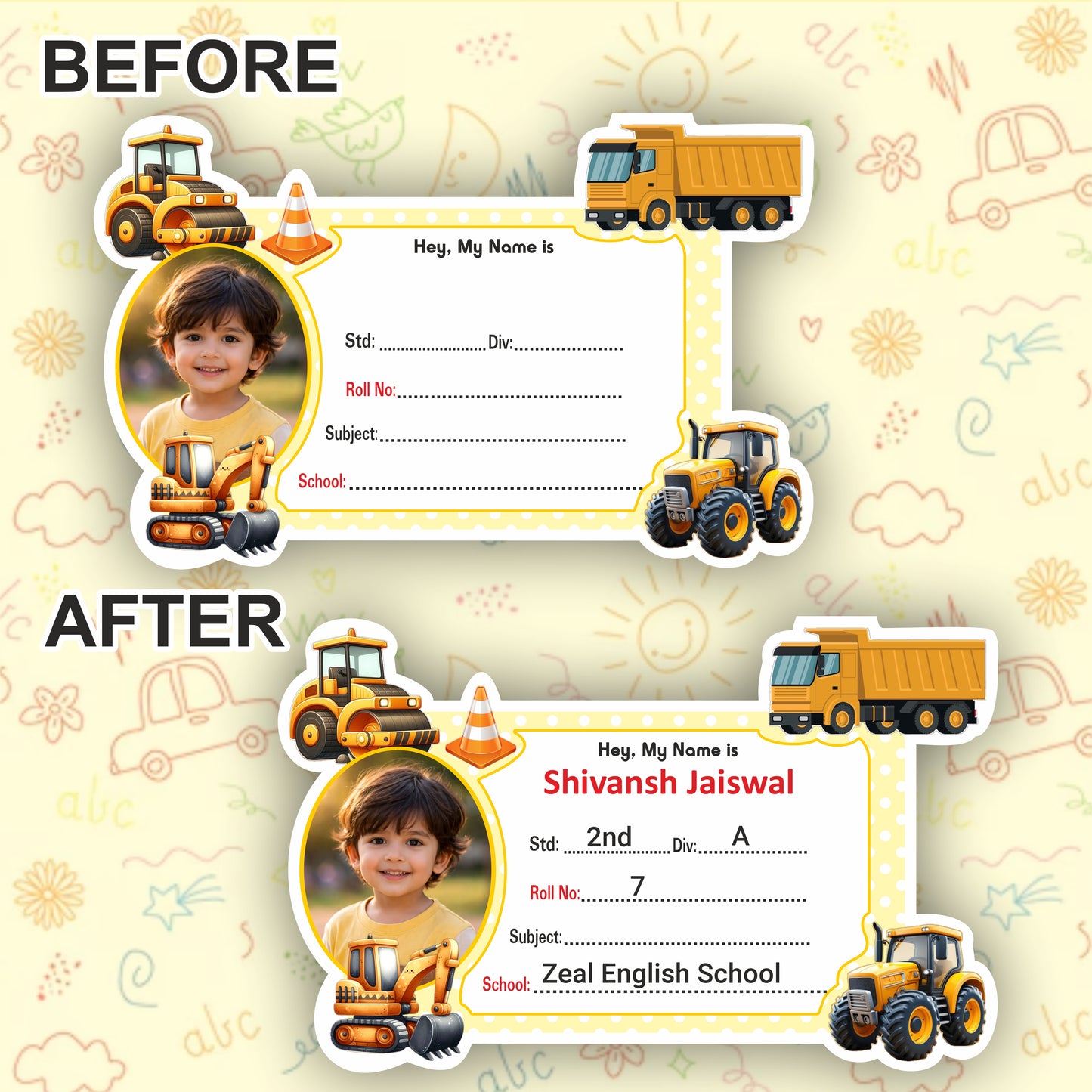 CONSTRUCTION VEHICLE PERSONALIZED NOTEBOOK STICKERS