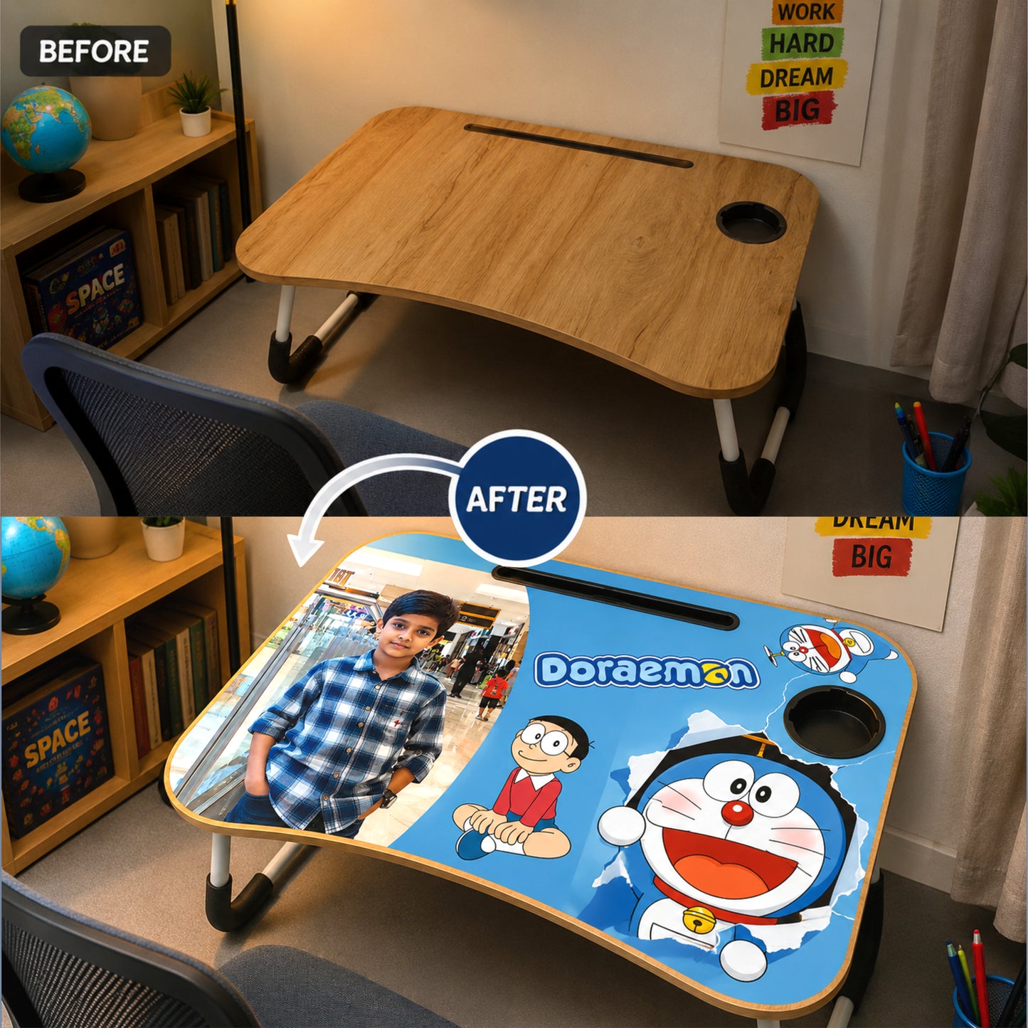 Personalized Kids Study Table Doraemon Theme– Custom Photo Laptop & Homework Desk
