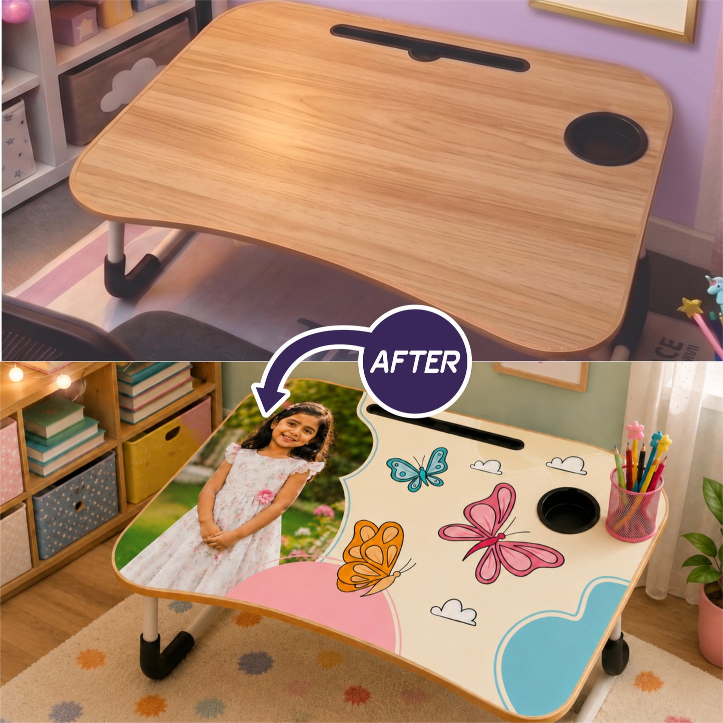 Personalized Kids Study Table Butterfly Theme– Custom Photo Laptop &Homework Desk