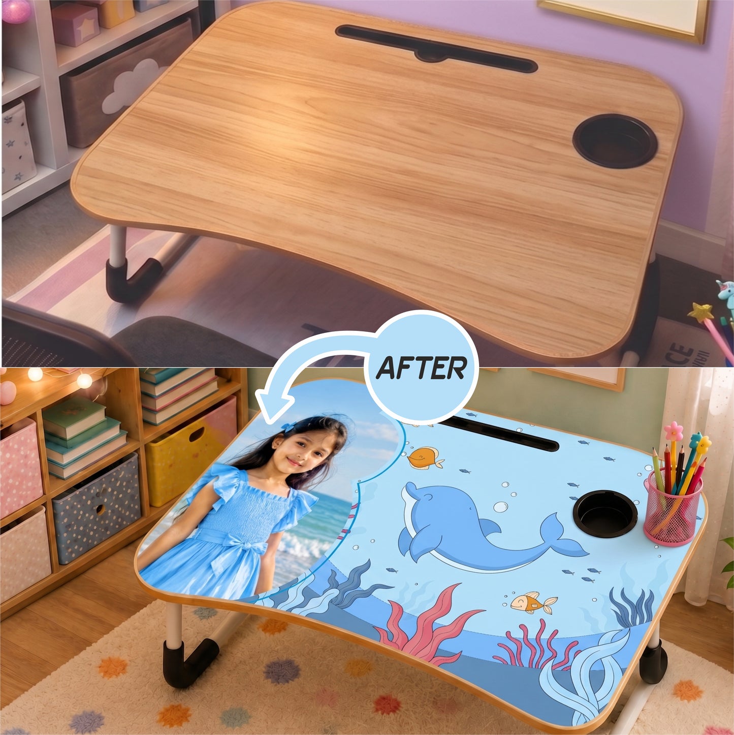 Personalized Kids Study Table Ocean Theme– Custom Photo Laptop &Homework Desk