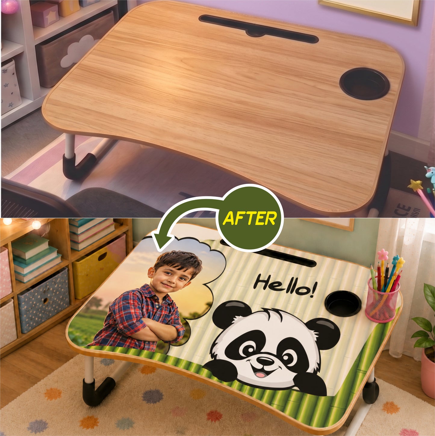 Personalized Kids Study Table Panda Theme– Custom Photo Laptop &Homework Desk