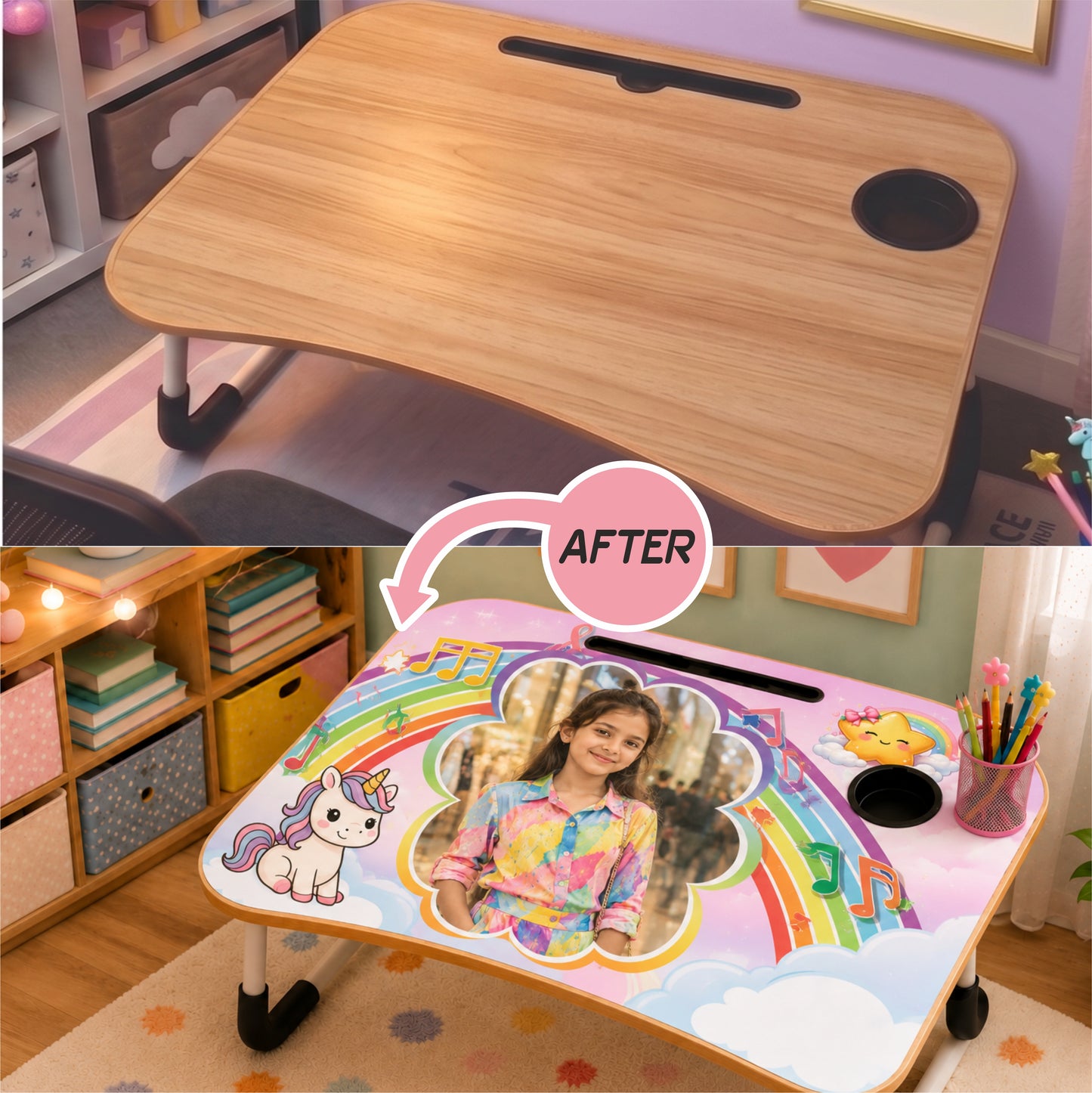 Personalized Kids Study Table Rainbow Theme– Custom Photo Laptop &Homework Desk